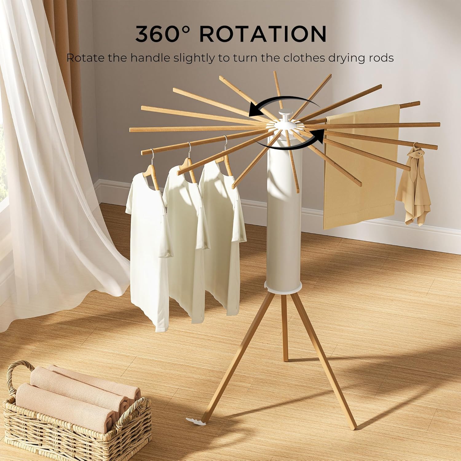 Homifly 360° Rotating Cloth Drying Rack|16 Wooden Foldable Cloth Hanging Stick (White)