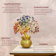 JD FRESH Feng Shui 7 Chakra Crystal Tree with Golden Money Bag Base/Natural Gemstone Decorative Showpiece Bonsai Tree for Home & Office Décor, Good Luck Diwali Gift, Wealth & Prosperity