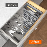 JD FRESH Expandable Slider Drawer Organizer/Kitchen Cutlery Tray/Plastic Storage Tray Kitchen Organization/Adjustable Cutlery & BPA Free Flatware Holder for Spoons, Forks, Knives/Grey (Pack of 1)