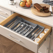 JD FRESH Expandable Slider Drawer Organizer/Kitchen Cutlery Tray/Plastic Storage Tray Kitchen Organization/Adjustable Cutlery & BPA Free Flatware Holder for Spoons, Forks, Knives/Grey (Pack of 1)