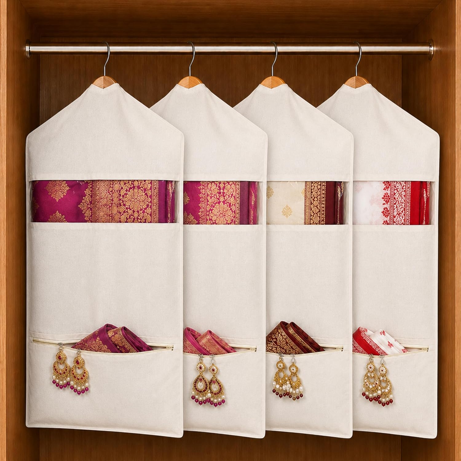 Double Pocket Hanging Saree Bag/Cotton Clothes Bags for Storage