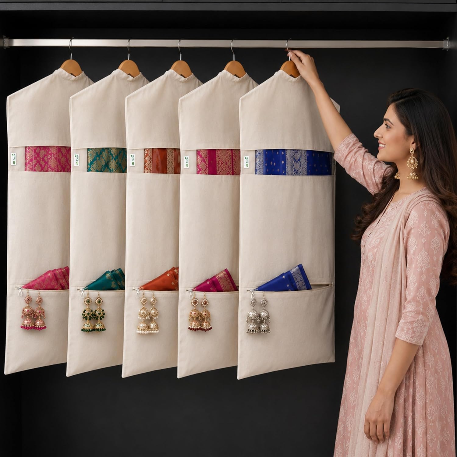 Double Pocket Hanging Saree Bag/Cotton Clothes Bags for Storage