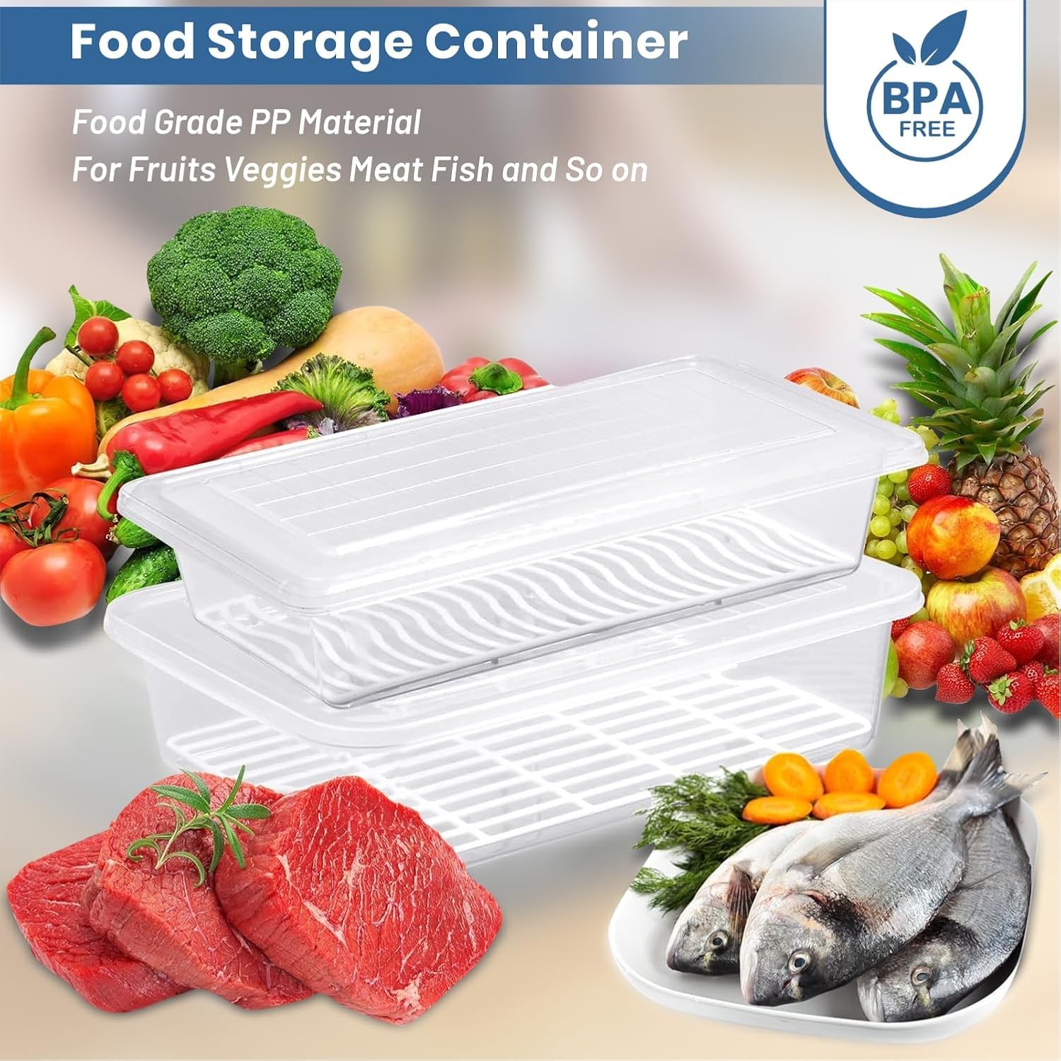 Homifly 1500ML Fridge Storage Containers Set of 6 with Removable Drain Plate & Lid | Leak-Proof Stackable Refrigerator Organizer Boxes for Vegetables, Fruits, Snacks|BPA Free, Easy to Clean& Reusable