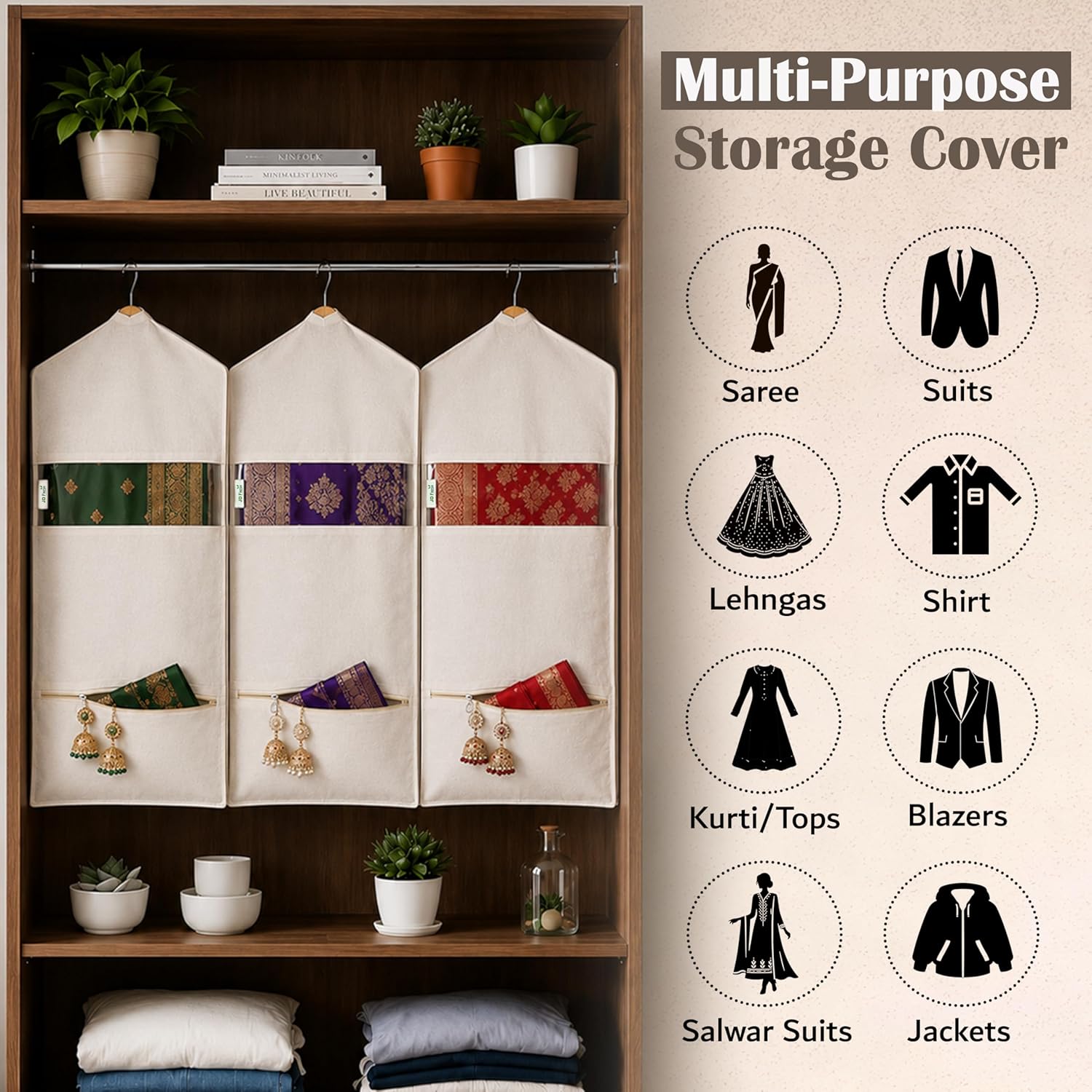 Double Pocket Hanging Saree Bag/Cotton Clothes Bags for Storage