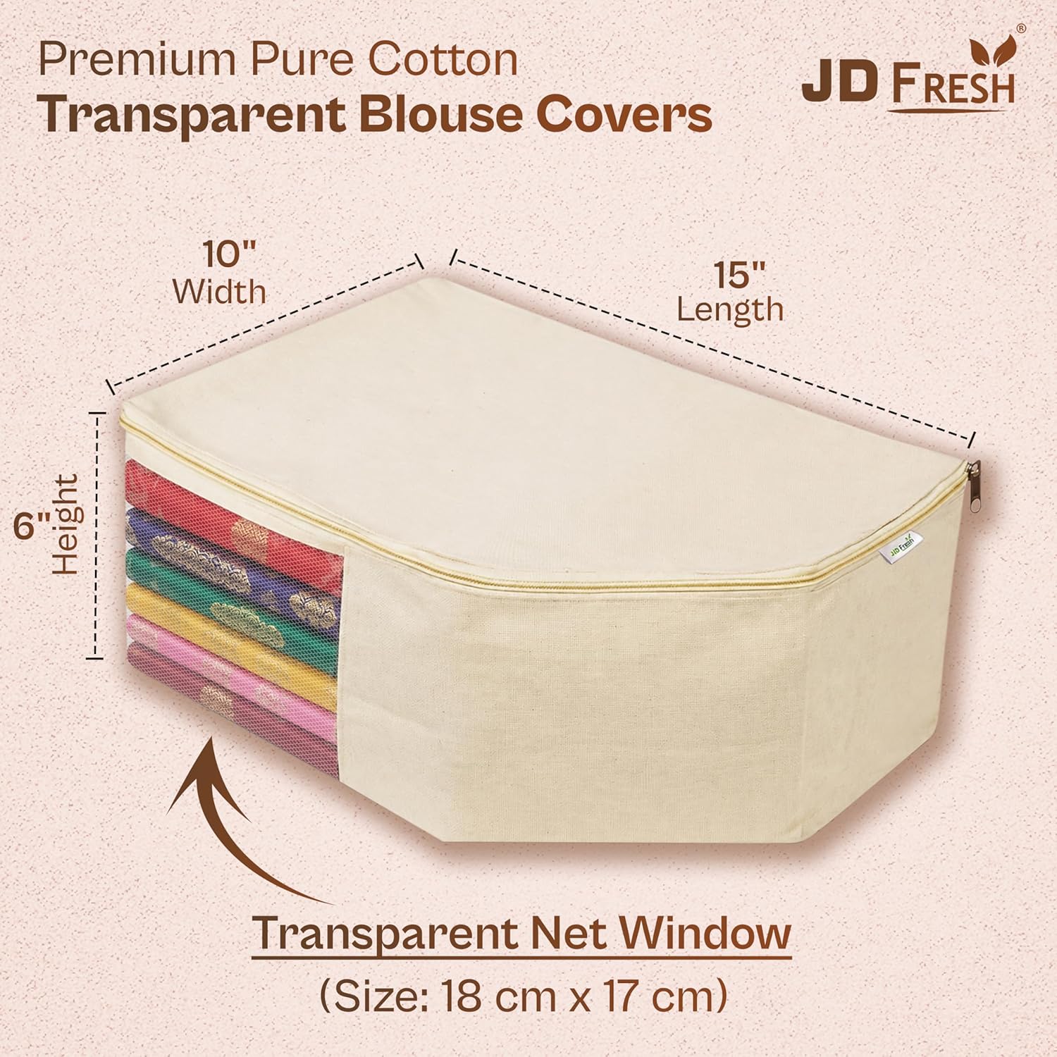 Homifly Canvas Cotton Blouse Organizer for Wardrobe|Dust Proof Blouse Storage Bags with Zipper (38x25x17 cm-Off White)