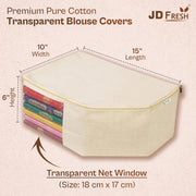 JD FRESH 4 Pack Canvas Cotton Blouse Organizer for Wardrobe/Transparent Blouse Covers for Storage/Dust Proof Blouse Storage Bags with Zipper/Saree & Blouse Cover for Women (38x25x17 cm/Off White)
