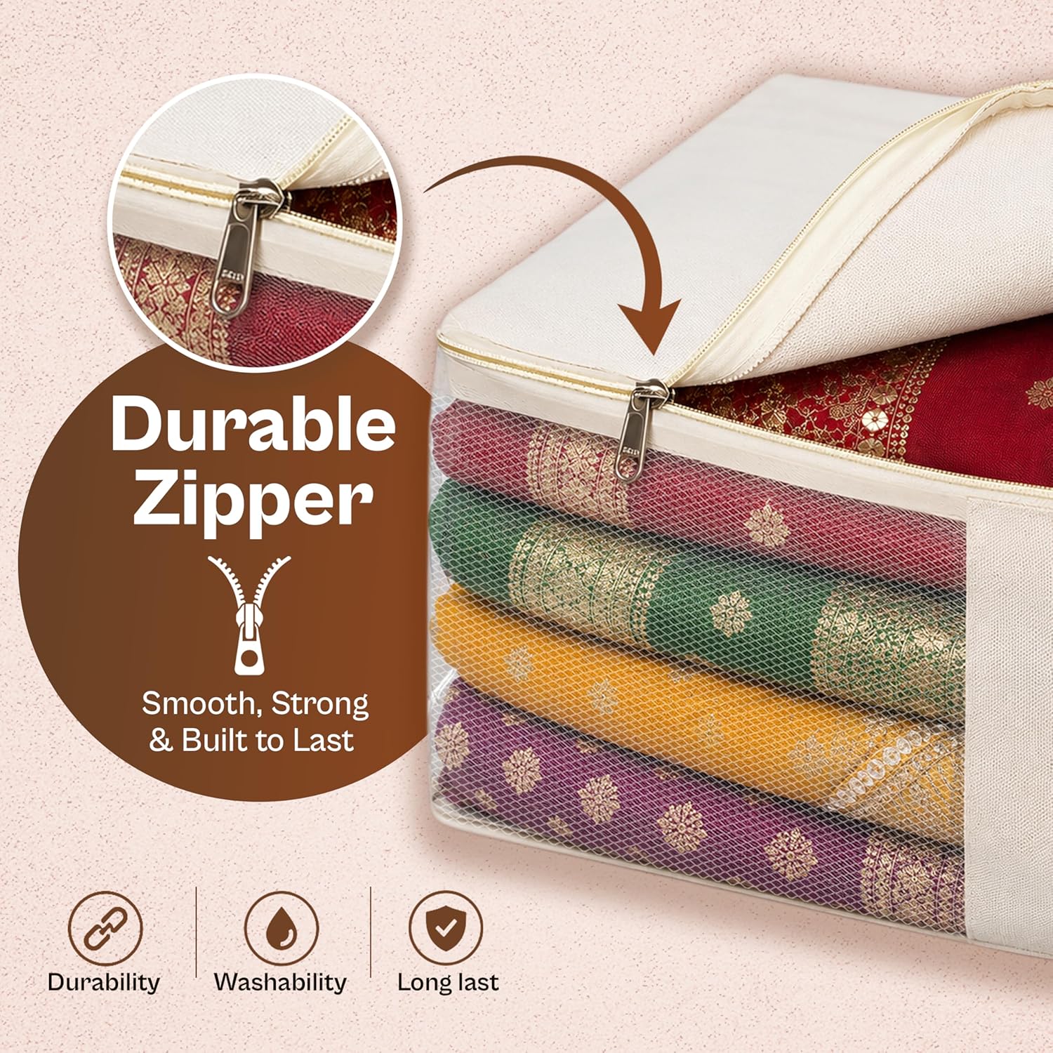 Homifly Canvas Cotton Blouse Organizer for Wardrobe|Dust Proof Blouse Storage Bags with Zipper (38x25x17 cm-Off White)