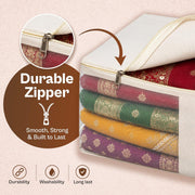 JD FRESH 4 Pack Canvas Cotton Blouse Organizer for Wardrobe/Transparent Blouse Covers for Storage/Dust Proof Blouse Storage Bags with Zipper/Saree & Blouse Cover for Women (38x25x17 cm/Off White)