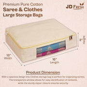 JD FRESH 6 Pcs Cotton Saree Covers/Storage Bags with Zip Cover/Space Saving Bag with Transparent Window/Wardrobe & Cupboard Organizer for Clothes/Bedsheets/Lehengas (16 x 13 x 3 Inch/Off White)