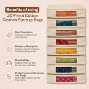 JD FRESH 6 Pcs Cotton Saree Covers/Storage Bags with Zip Cover/Space Saving Bag with Transparent Window/Wardrobe & Cupboard Organizer for Clothes/Bedsheets/Lehengas (16 x 13 x 3 Inch/Off White)